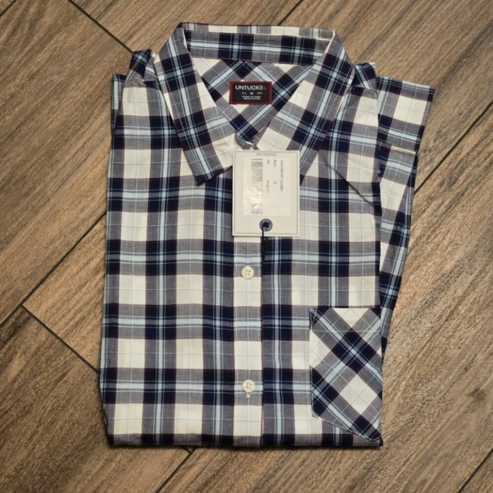 UNTUCKit NWT Women's Size 10 Blue White Sorbo Plaid Button Down Shirt NEW